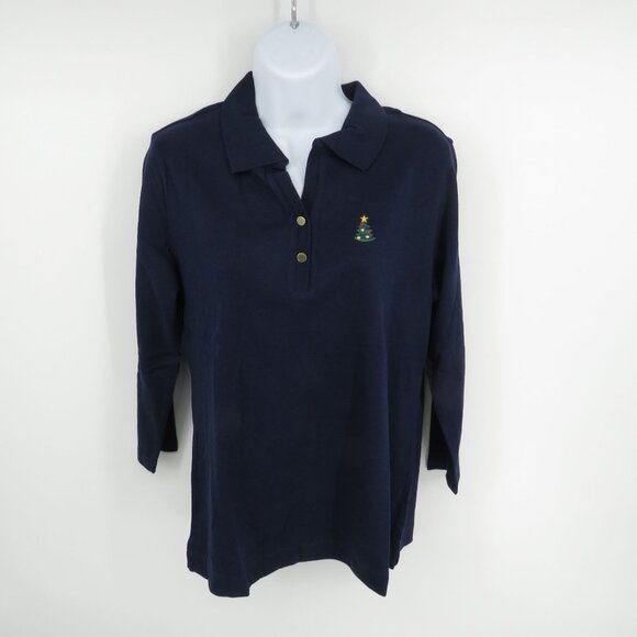 Kim Rogers Womens Navy Christmas Tree Embroidered 3/4 Sleeve Polo S NWT $30 - Picture 1 of 4